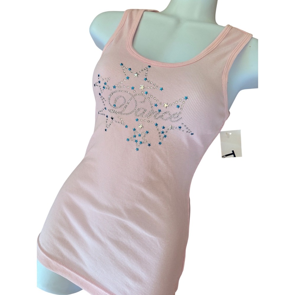 Y2K 2000s Trendy Trends Pink Ribbed Rhinestone‎ Dance Star Tank Top Camisole